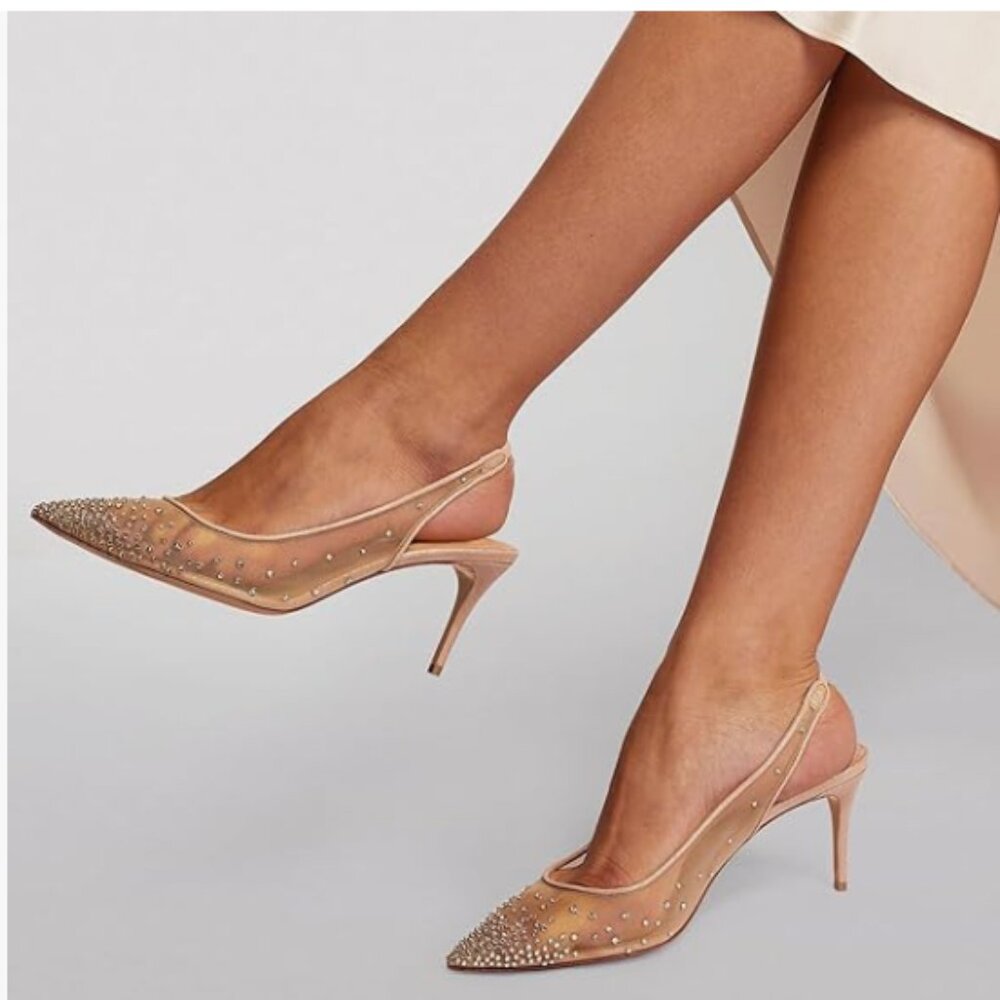 Wo Wagas Brown Crystal Pumps Studded Slingback Mesh Slip On High Heel Dress Shoe